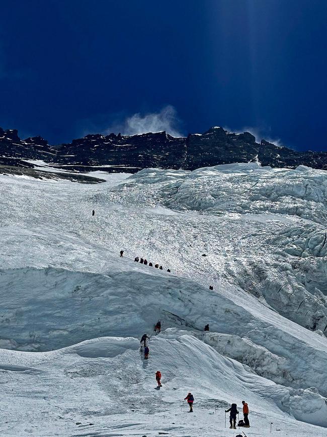 Mountaineers at the Khumbu Glacier during their ascent. Picture: Tsering Pemba Sherpa/AFP