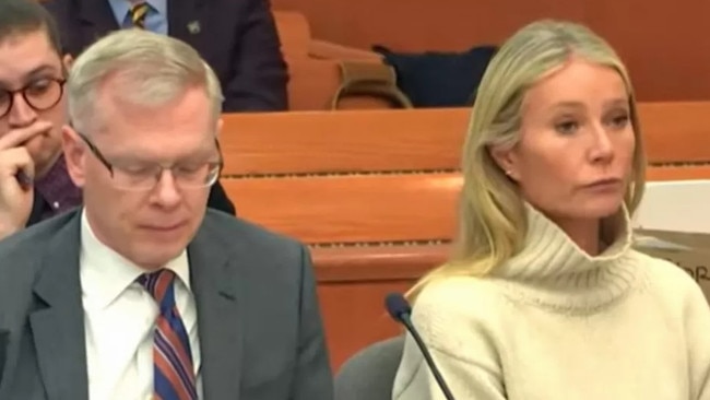 Gwyneth Paltrow in court wearing a luxury brand cream knit. Picture: CourtTV