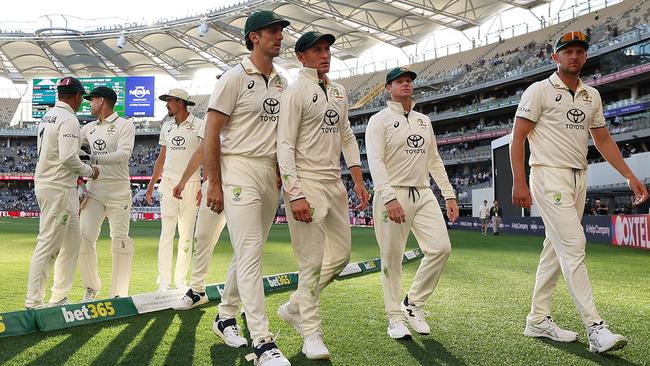 Curiously silent Australian players walk off the field at Perth Stadium. They were playing as if they were only mildly interested. Picture: Robert Cianflone/Getty Images