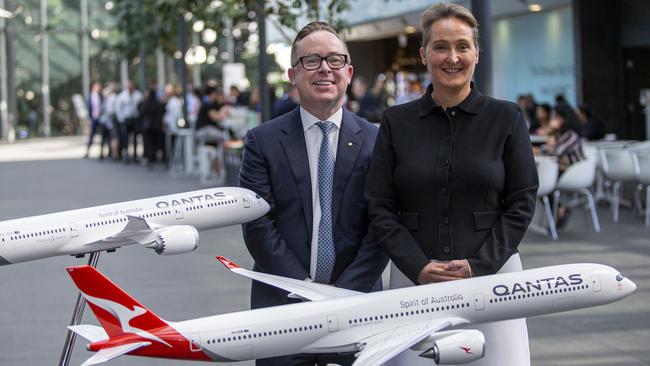 Qantas Group Chief Executive Officer Alan Joyce (L) and Chief Financial Officer and CEO designate Vanessa Hudson (R). Picture: NCA NewsWire / Christian Gilles