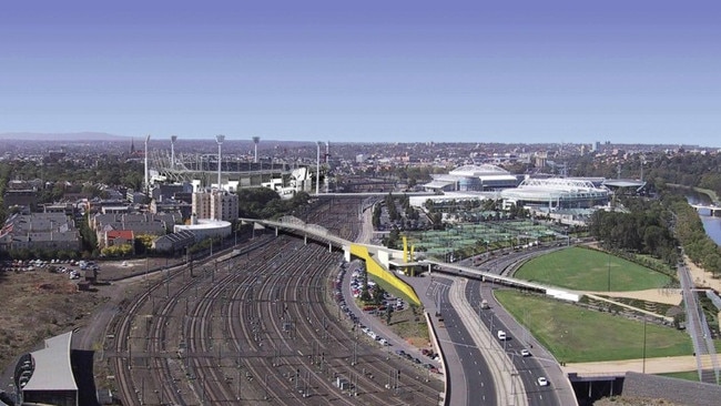 A rail yard seperates Melbourne Park and the MCG.