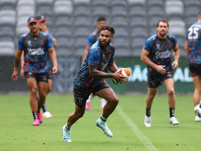 Hamiso Tabuai-Fidow of the Indigenous All Stars runs with the ball during NRL Indigenous All Stars Captains Run at CommBank Stadium on February 14. Picture: Getty Images