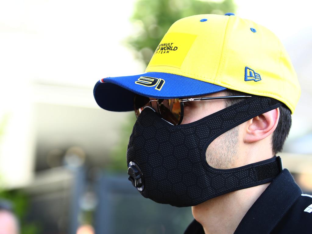 Esteban Ocon had a face mask in the pits on Wednesday.