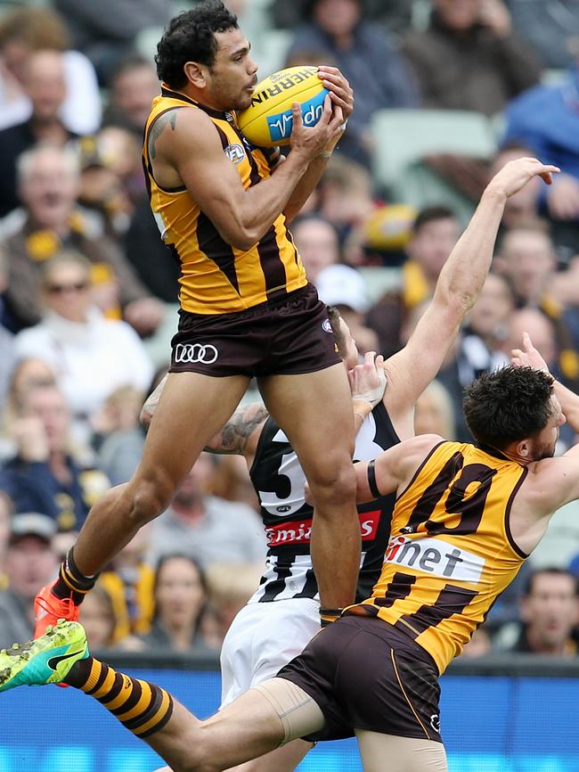 Cyril flies high against the Pies. Pic: Michael Klein