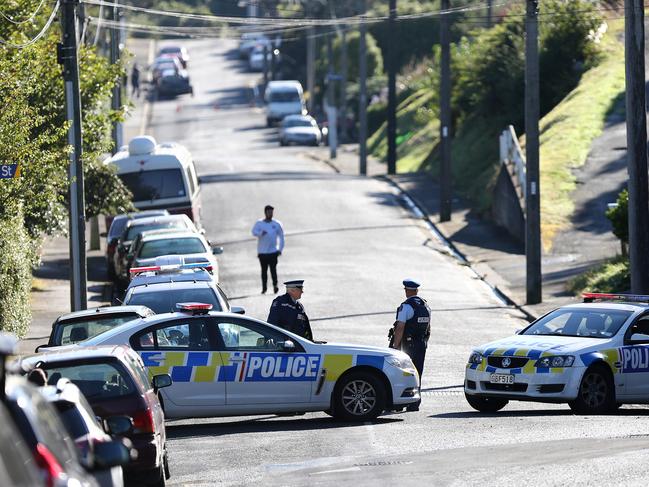 Police outside a property in Dunedin, New Zealand. Nearby residents were evacuated. Picture: Getty Images