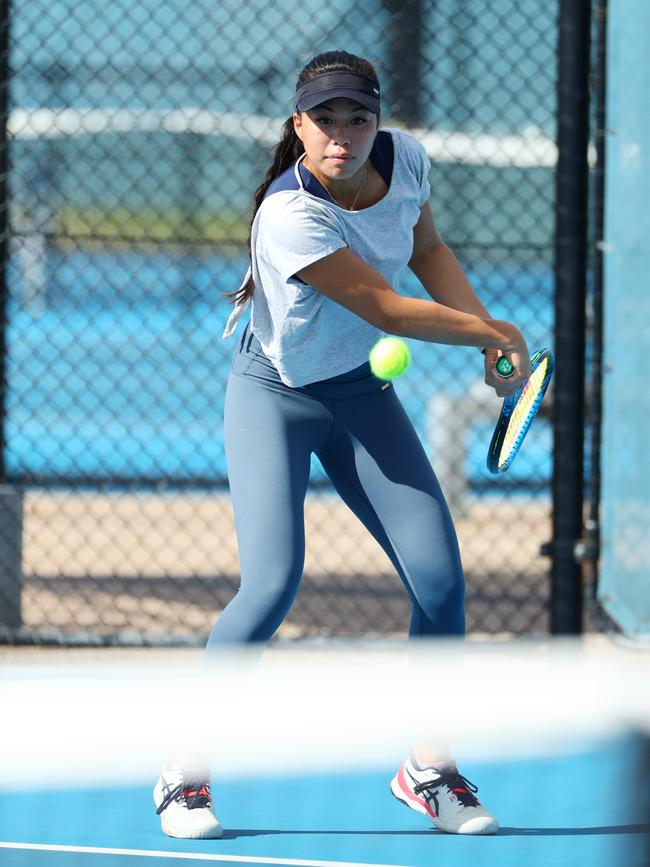 Lizette Cabrera hits backhand. Photo Lachie Millard