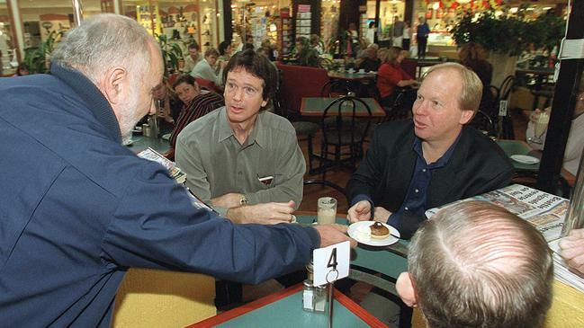 Peter Morley giving a tart to self confessed “media tart” Peter Beattie. Picture: Jamie Hanson