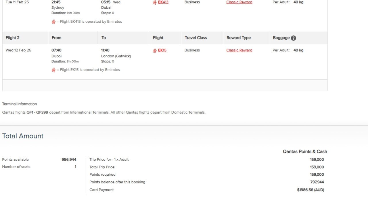 Adele Eliseo was shocked to see the co-payment required for a reward seat booking with Emirates, via Qantas Classic Rewards.