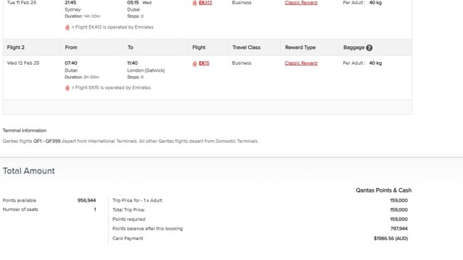 Adele Eliseo was shocked to see the co-payment required for a reward seat booking with Emirates, via Qantas Classic Rewards.