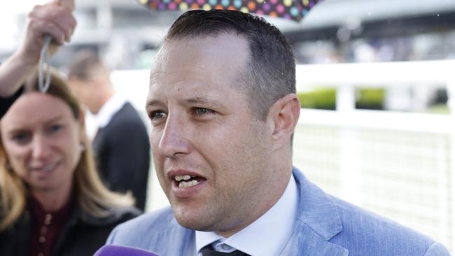 SYDNEY, AUSTRALIA - OCTOBER 08: Trainer Luke Pepper is interviewed after winning race 6 the Agency Tapp-Craig  with Opal Ridge during Sydney Racing at Royal Randwick Racecourse on October 08, 2022 in Sydney, Australia. (Photo by Mark Evans/Getty Images)