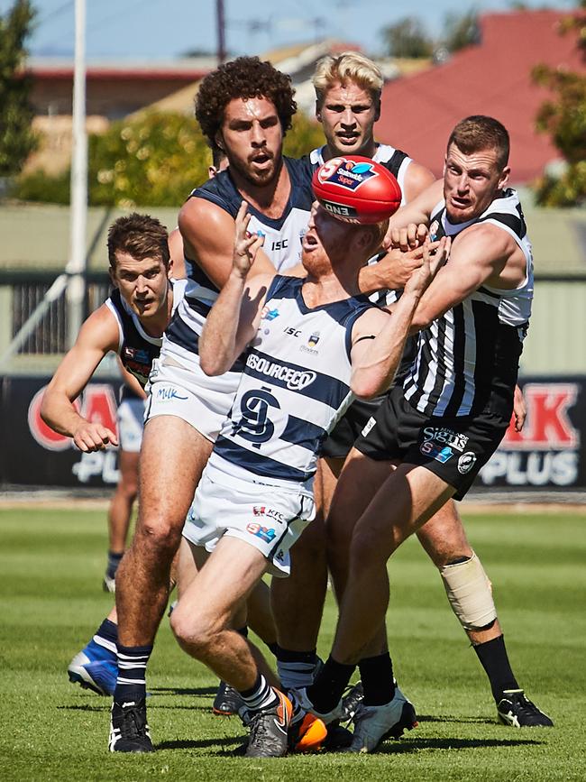 Matt Appleton (far right) in action for the Magpies against South Adelaide at Alberton Oval earlier this year. Picture: Matt Loxton