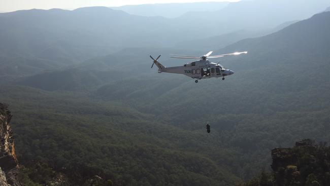 Rescue helicopter assisting Isaac’s retrieval in the Blue Mountains. Picture: NSW Ambulance Media