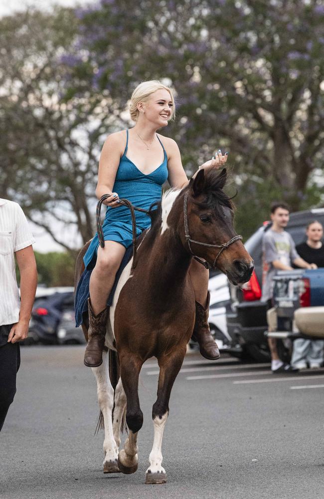 Graduate Caoilainn Finn arrives on her pony Murphy at The Industry School formal at Clifford Park Racecourse, Tuesday, November 12, 2024. Picture: Kevin Farmer