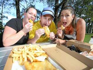 Enjoying Fish and Chips on the Tweed are Alison Whyman, Brad Frankham and Wendy Powick. Picture: Scott Powick