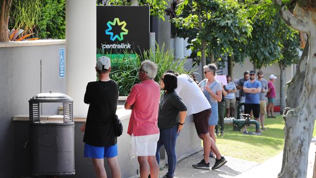 The queue outside Centrelink earlier this year during the pandemic. Picture Glenn Hampson.