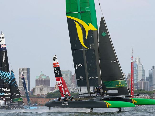 NEW YORK, NEW YORK - JUNE 22: Team Australia competes during day one of competition of SailGP New York on June 22, 2024 in New York City.   Luke Hales/Getty Images/AFP (Photo by Luke Hales / GETTY IMAGES NORTH AMERICA / Getty Images via AFP)