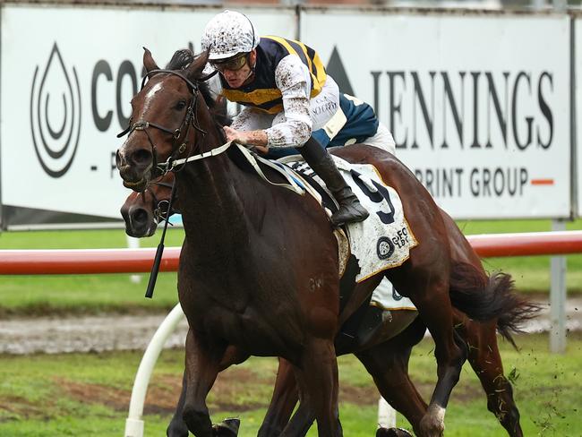 NEWCASTLE, AUSTRALIA - MAY 11: Chad Schofield riding Hezashocka wins Race 6 Buterin L'Estrange Gosford Gold Cup during "The Coast Raceday" - Sydney Racing at Newcastle Racecourse on May 11, 2024 in Newcastle, Australia. (Photo by Jeremy Ng/Getty Images)