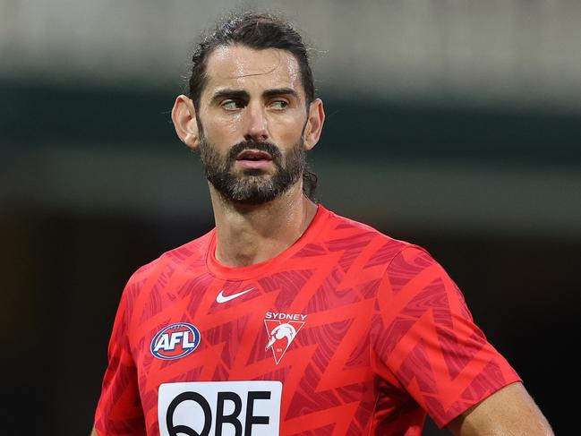 SYDNEY, AUSTRALIA - MARCH 23: Brodie Grundy of the Swans warms up during the round two AFL match between Sydney Swans and Essendon Bombers at SCG, on March 23, 2024, in Sydney, Australia. (Photo by Mark Metcalfe/AFL Photos/via Getty Images )