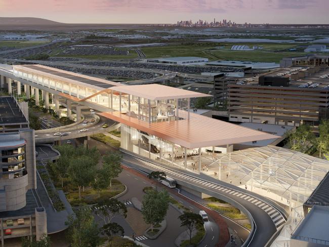 A render of the Melbourne airport station as part of the Melbourne airport rail link.