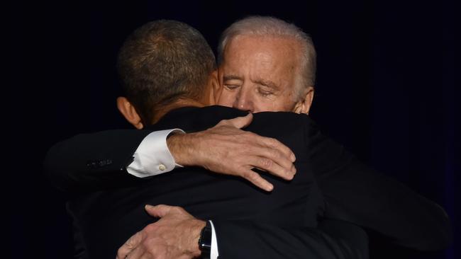 Then-US President Barack Obama hugs then-US Vice President Joe Biden after the President delivered his farewell address in 2017. Picture: AFP