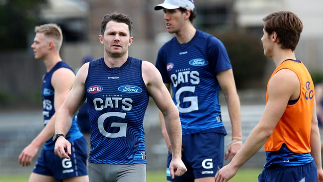 Geelong Cats train at Henson Oval in Marrickville after being forced to leave Victoria due to the coronavirus outbreak and into hubs in NSW and QLD. Patrick Dangerfield during a training drill. Picture: Toby Zerna