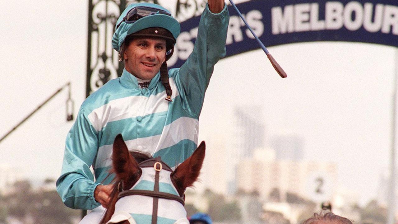 John Marshall after winning the 1999 Melbourne Cup on Rogan Josh. Picture: AP Photo.