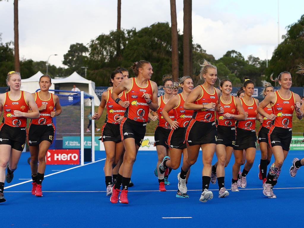 The Hockeyroos players warm-up before the Women's FIH Pro League in Perth.