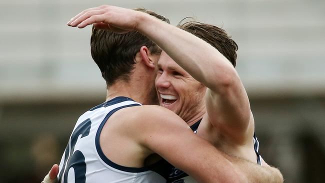 Patrick Dangerfield celebrates a big win for Geelong.