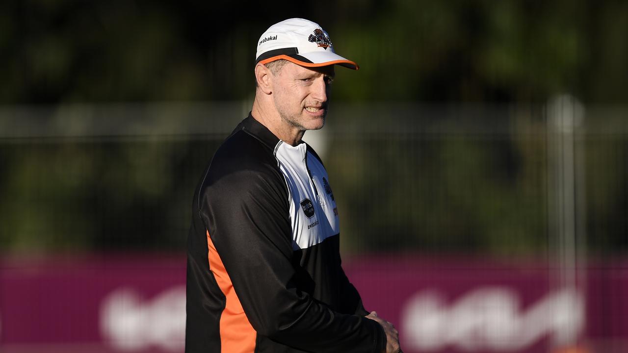 BRISBANE, AUSTRALIA - JULY 21: Wests Tigers coach Michael Maguire looks on during a Wests Tigers NRL training session at Gilbert Park on July 21, 2021 in Brisbane, Australia. (Photo by Albert Perez/Getty Images)