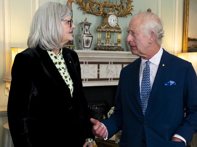 LONDON, ENGLAND - MAY 28:  King Charles III meets with Governor-General Designate of the Commonwealth of Australia, Ms SamanthaÃÂ MostynÃÂ AO during a private audience at Buckingham Palace on May 29, 2024 in London, England. (Photo by Jordan Pettitt - WPA Pool/Getty Images)