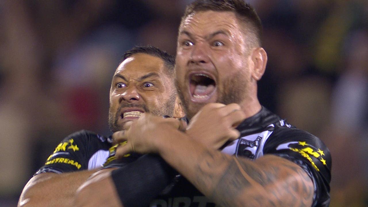 Jared Waerea-Hargreaves cuts an intimidating figure during the haka.