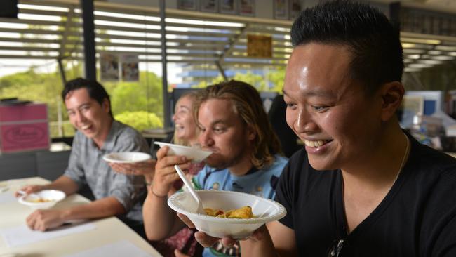 The NT News Laksa Challenge judges, from left, Michael Chau, 28, Stuart Park, Gabrielle Brady, 29, Stuart Park, Cam Leacy, 26, Humpty Doo, Ageng Sudjio, 30, Anula, try out the Deck Bar’s chicken laksa. Picture: Helen Orr