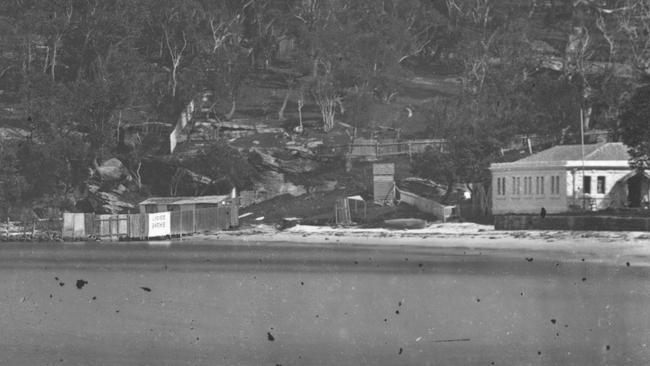 The western end of Manly Cove in 1880 showing the ladies' baths and the accompanying sandstone building. Picture State Library of NSW