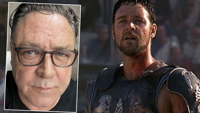 A clean-shaven Russell Crowe ahead of his 60th birthday, left, and in his Oscar-winning role in Gladiator, Pictures: Supplied