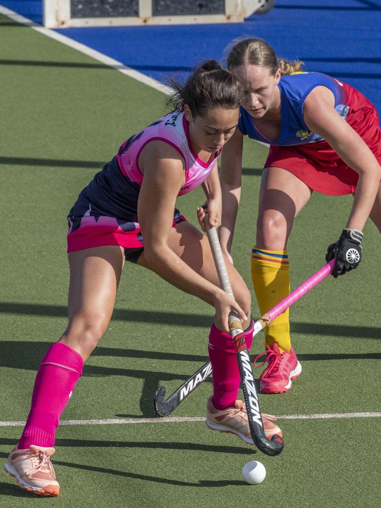Briana Suey, Toowoomba and Zali Gough, Brisbane. Toowoomba 1 vs Brisbane. Hockey Queensland Championship at Clyde Park, Toowoomba. Saturday, May 1, 2021. Picture: Nev Madsen.