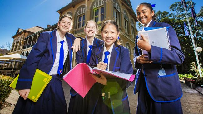 Brisbane Girls Grammar Year 7 students (from left) Elsie Butler, Eva Lusk, Aily Chang and Alyssa Godinho. Picture: Nigel Hallett