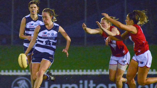 Action from the 2019 SANFLW grand final between South Adelaide and North Adelaide. Picture: AAP/Brenton Edwards