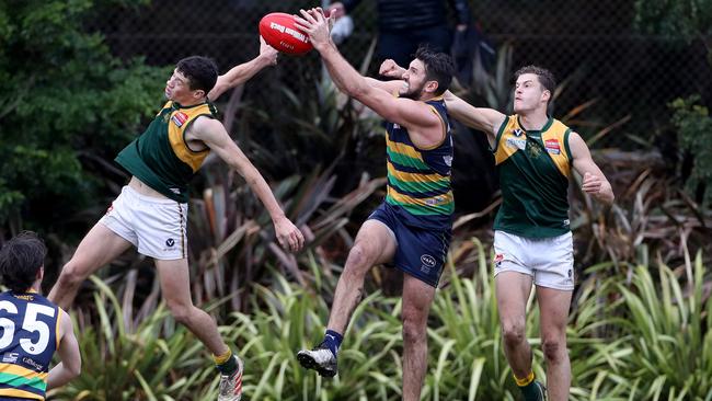 Jarrad Waite flies for the mark with St Kevin’s in the VAFA.