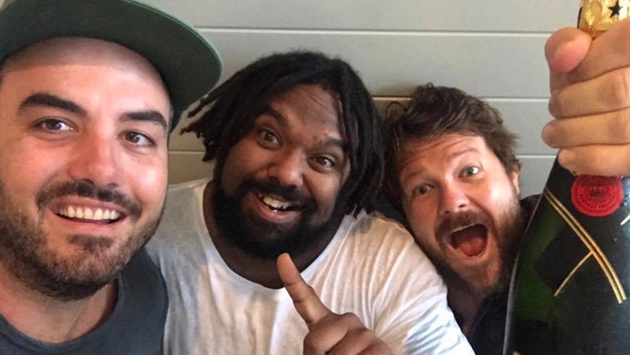 Jeremy Marou and Thomas Busby celebrate their ARIA #1 with then manager Josh Jones (left) in 2017.