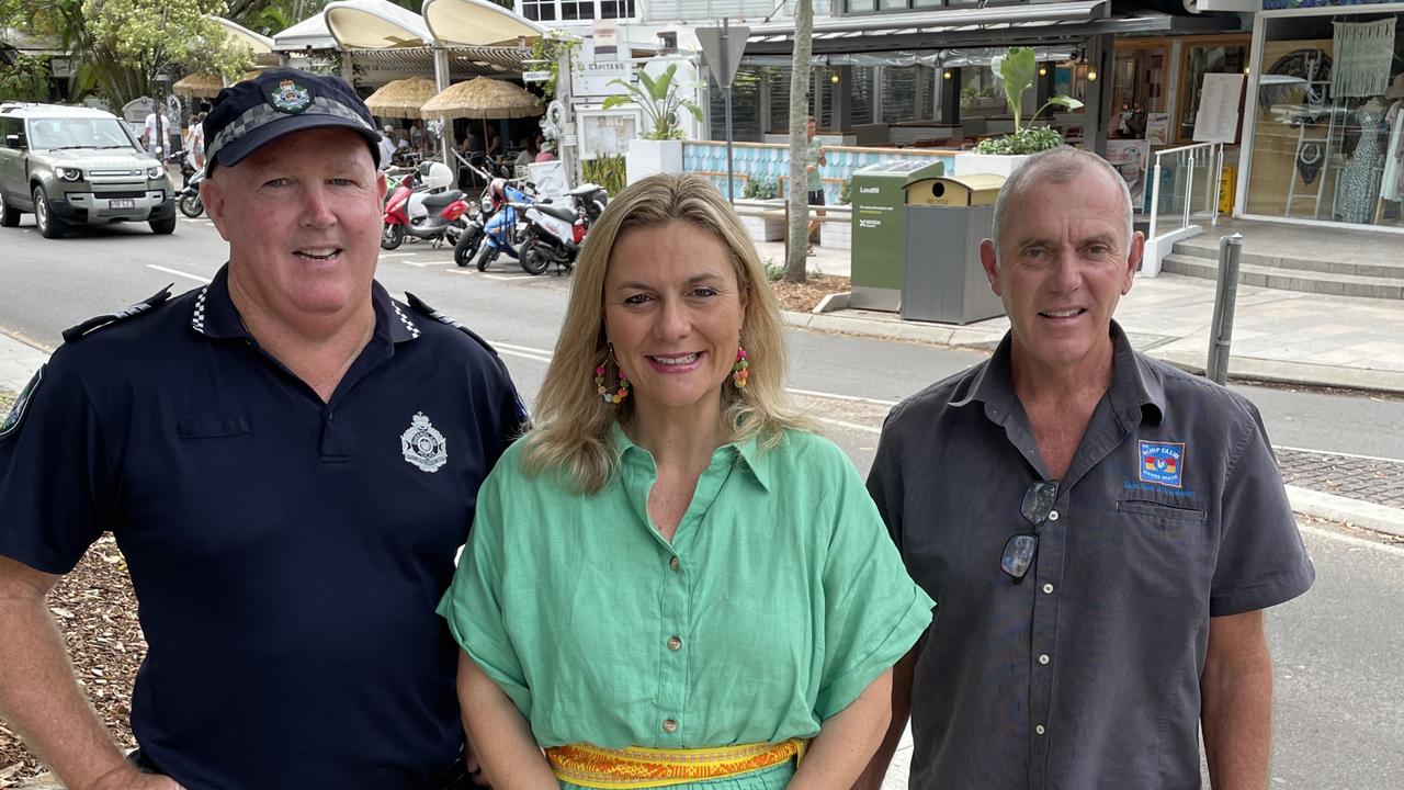 Noosa Police Sergeant Troy Cavell, Noosa Liquor Accord Chariman Anton Mogg, and Noosa Mayor Clare Stewart are supporting a push to establish a Safe Night Precinct at Noosa.