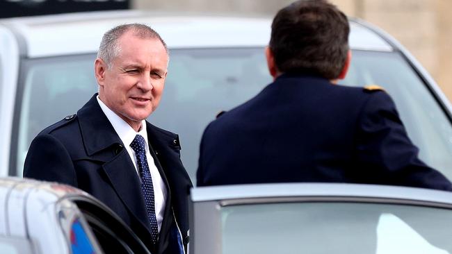 Premier Jay Weatherill speaks to the French Prefect of the Northern Seas, Admiral Philippe Ausseur, after a tour of the DCNS shipyard at Cherbour, France. Pic: Calum Robertson