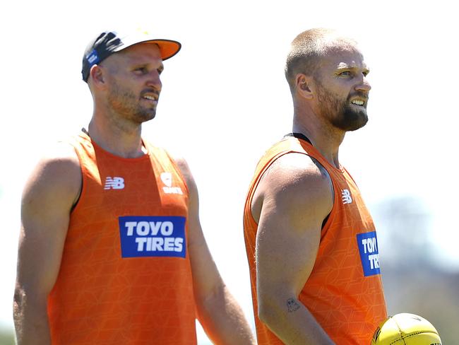 Jake Stringer and Jesse Hogan during the GWS Giants first training session back for all players on December 2, 2024. Photo by Phil Hillyard (Image Supplied for Editorial Use only - **NO ON SALES** - Â©Phil Hillyard )