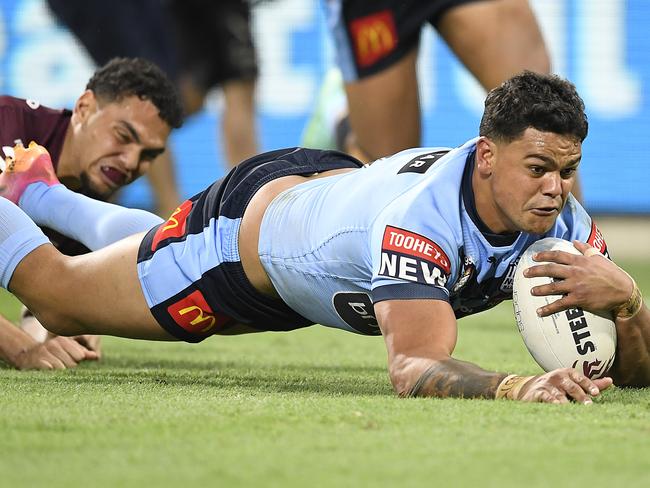 “Very grateful to be back in that very tight blue jersey,” Latrell Mitchell joked after the match. Picture: Ian Hitchcock/Getty Images