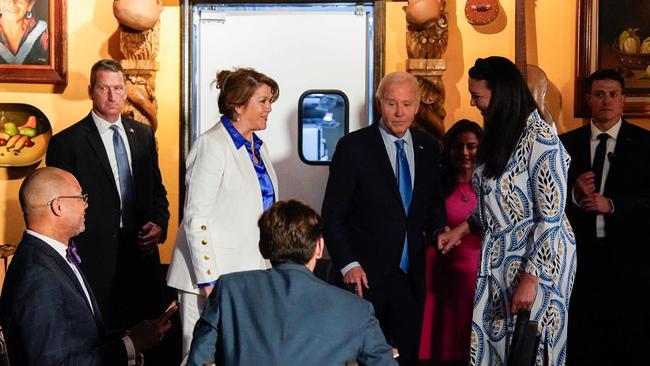 Mr Biden greets people as he arrives at a Mexican restaurant in Las Vegas on Wednesday (Thursday AEST). Picture: AFP