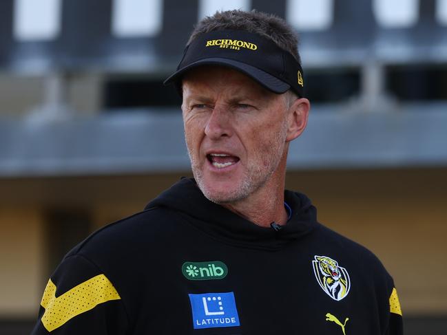 ADELAIDE, AUSTRALIA - APRIL 13: Coach Damian Hardwick speaks to the media during a Richmond Tigers AFL training session at Glenelg Oval on April 13, 2023 in Adelaide, Australia. (Photo by Kelly Barnes/Getty Images)