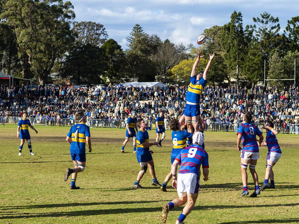 George Griffiths attempts to gain possession for Grammar against Downlands in front of a huge O'Callaghan Cup crowd on Grammar Downlands Day at Downlands College, Saturday, August 6, 2022. Picture: Kevin Farmer