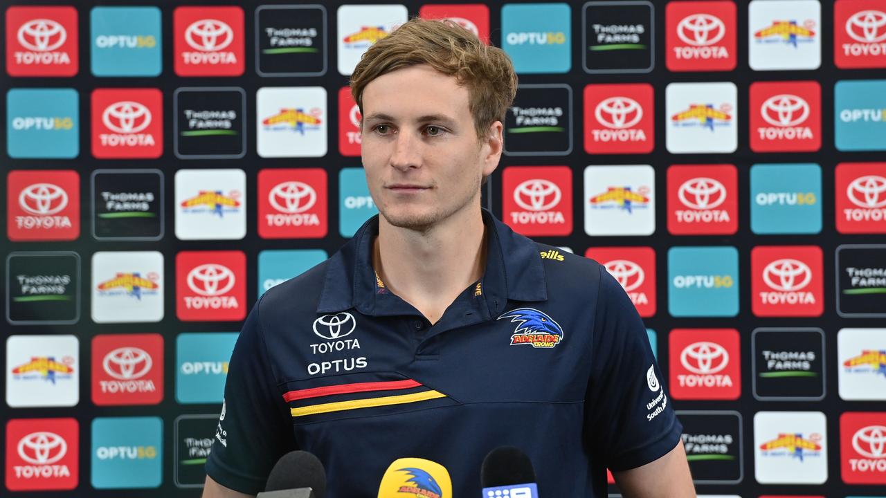 Jordan Dawson speaks to the media for the first time as a Crow. Picture: Keryn Stevens