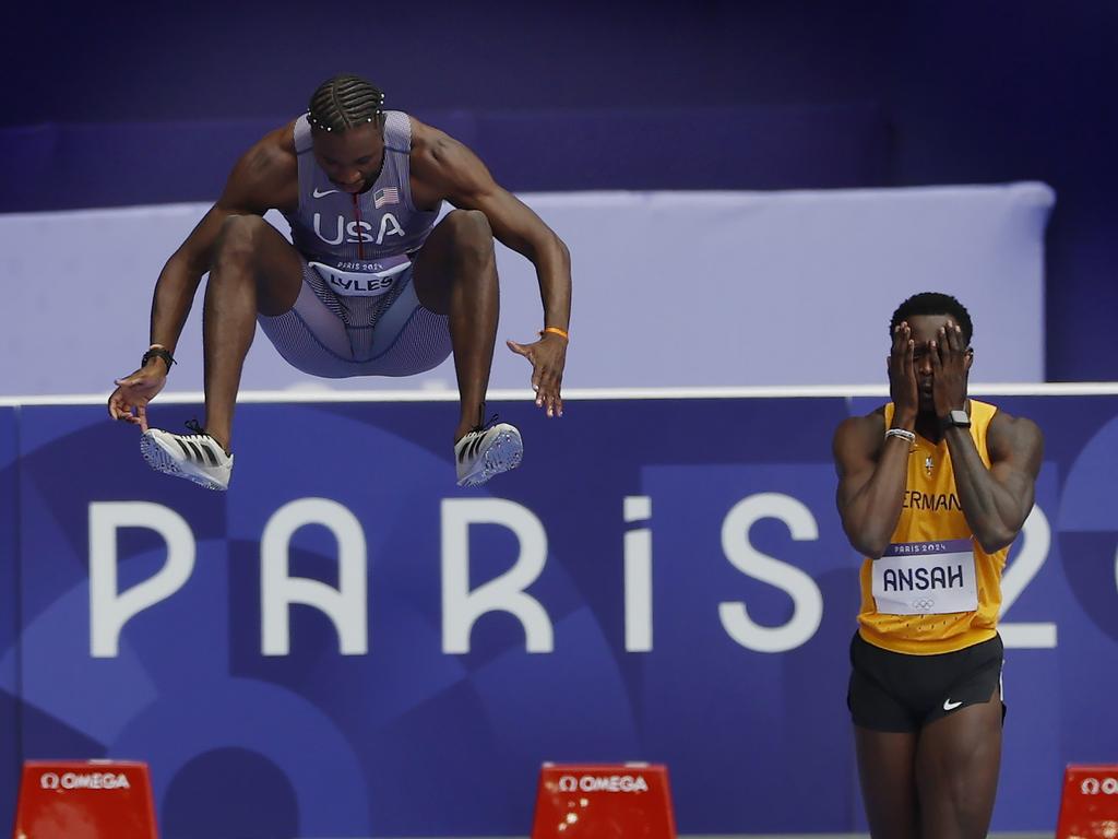 <p>American sprinter Noah Lyles appeared to be elevated above the ground as German Owen Ansah got into the zone before the start of their heat. Picture: Michael Klein</p>