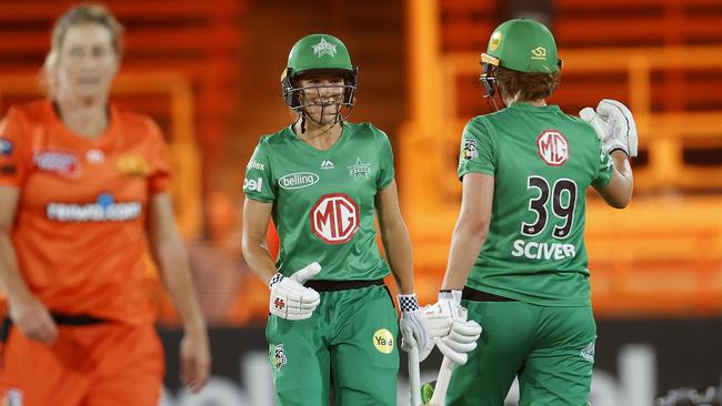 Melbourne Stars' Annabel Sutherland and Nat Sciver celebrate hitting the winning runs during the WBBL semi final against Perth Scorchers at North Sydney Oval. Picture: Phil Hillyard