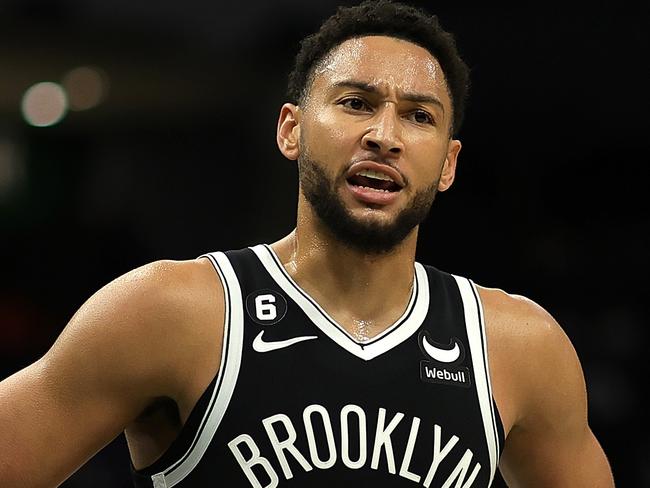 MILWAUKEE, WISCONSIN - OCTOBER 12: Ben Simmons #10 of the Brooklyn Nets reacts to an officials call during the first half of a preseason game against the Milwaukee Bucks at Fiserv Forum on October 12, 2022 in Milwaukee, Wisconsin. NOTE TO USER: User expressly acknowledges and agrees that, by downloading and or using this photograph, User is consenting to the terms and conditions of the Getty Images License Agreement. (Photo by Stacy Revere/Getty Images)